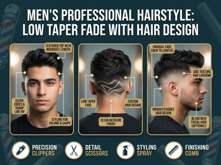 low taper fade with design in the back image