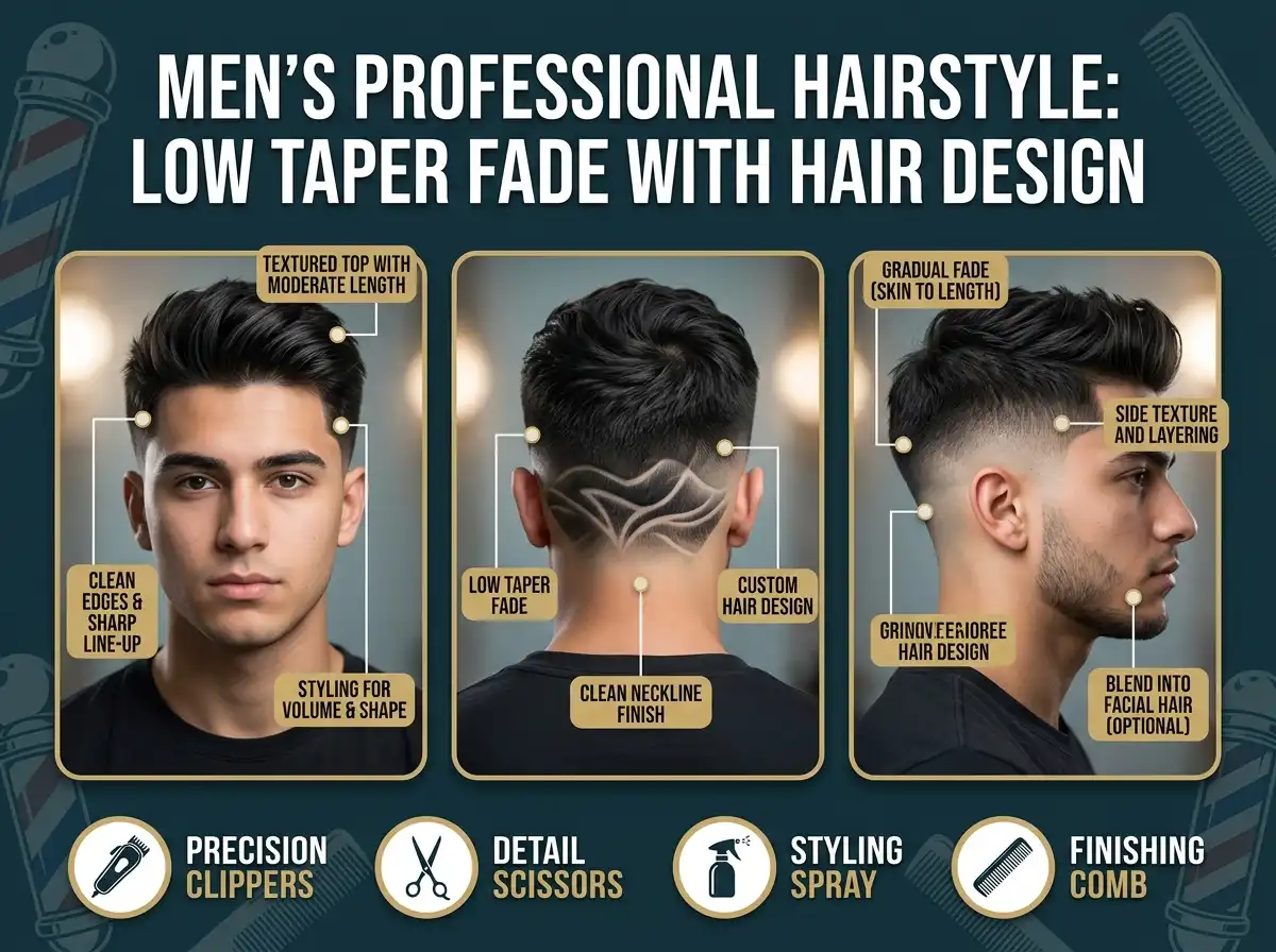 low taper fade with design in the back image