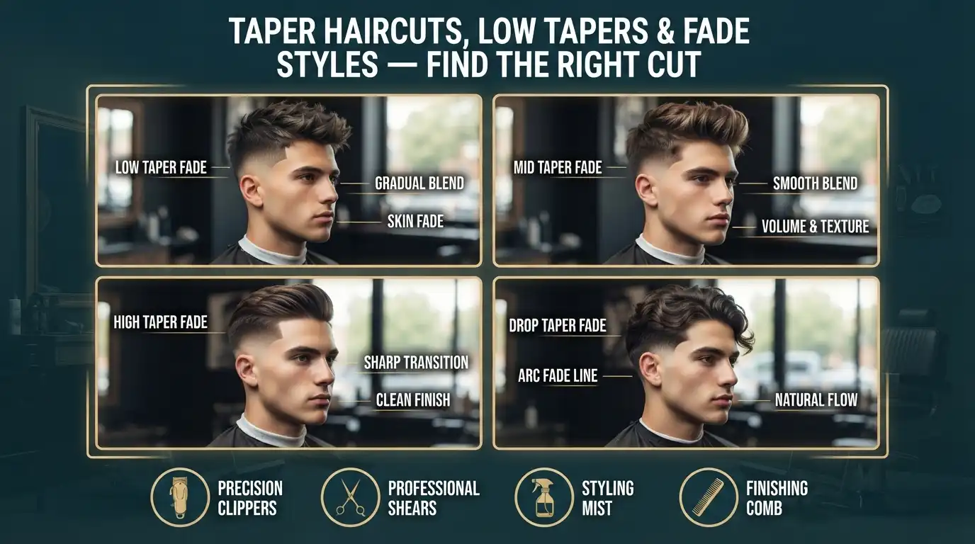 A clean and modern taper haircut showcasing faded sides and neatly styled hair on top.